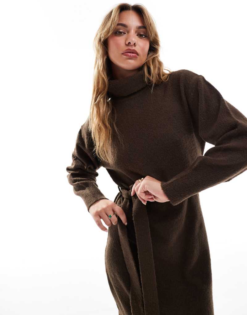 Threadbare roll neck tie waist midi sweater dress in chocolate brown Threadbare