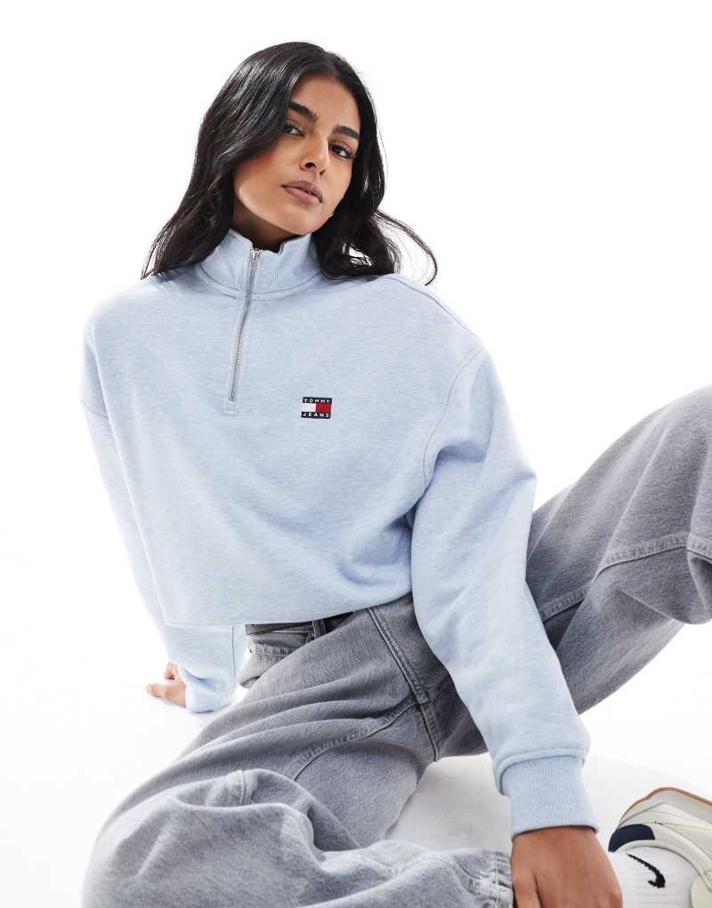 Tommy Jeans crop badge 1/4 zip in baby blue Tommy Jeans