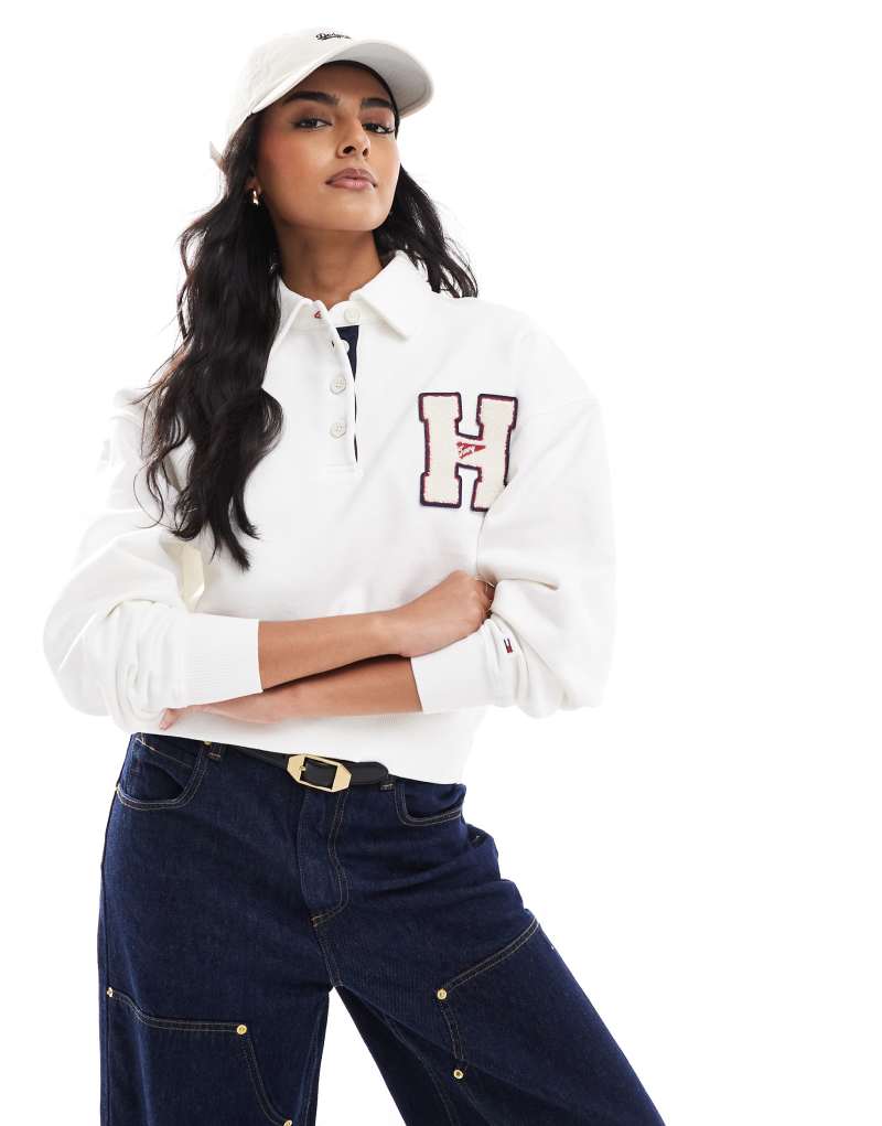 Tommy Jeans button down varsity polo in off white Tommy Jeans