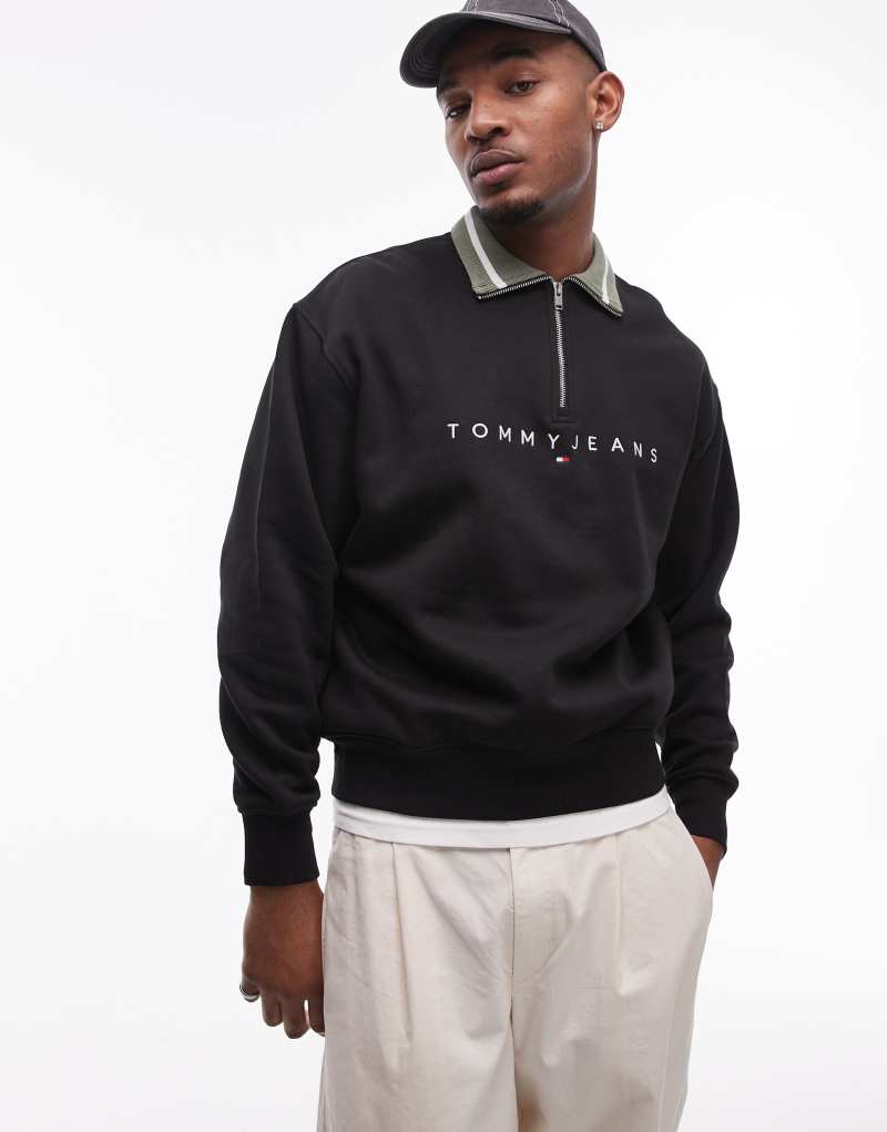 Tommy Jeans linear logo half zip sweatshirt in black Tommy Jeans