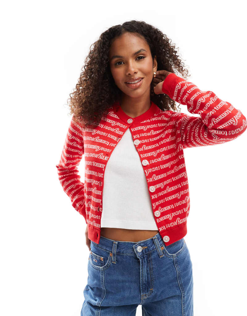 Tommy Jeans all-over logo cardigan in red Tommy Jeans