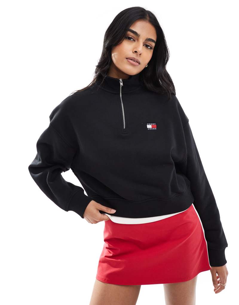 Tommy Jeans crop badge 1/4 zip in black Tommy Jeans