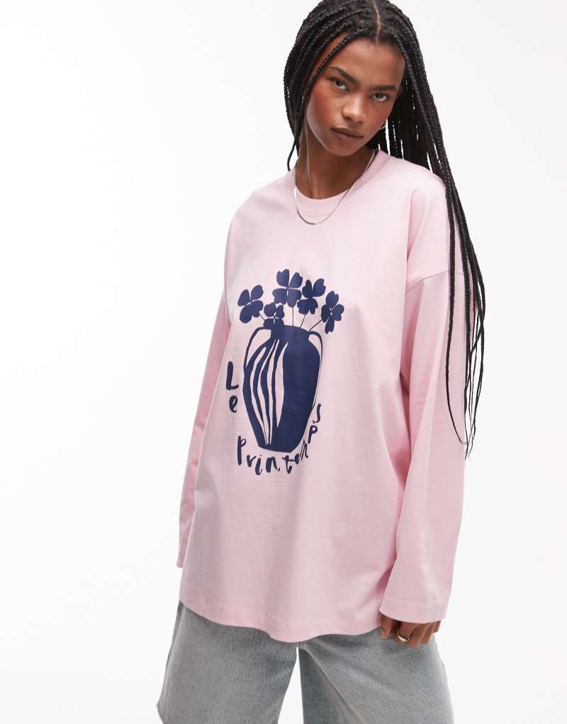 Topshop graphic Le Printemps long sleeve skater top in pink Topshop