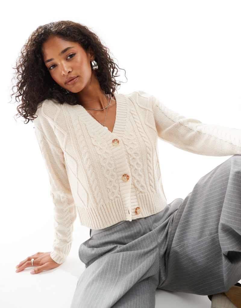 Threadbare cropped cable knit cardigan in cream Threadbare