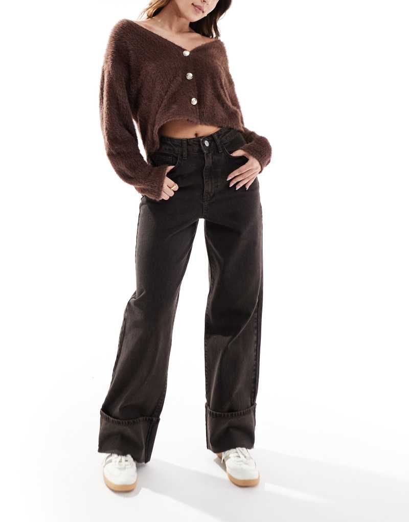 Threadbare wide leg cuffed jeans in chocolate brown Threadbare