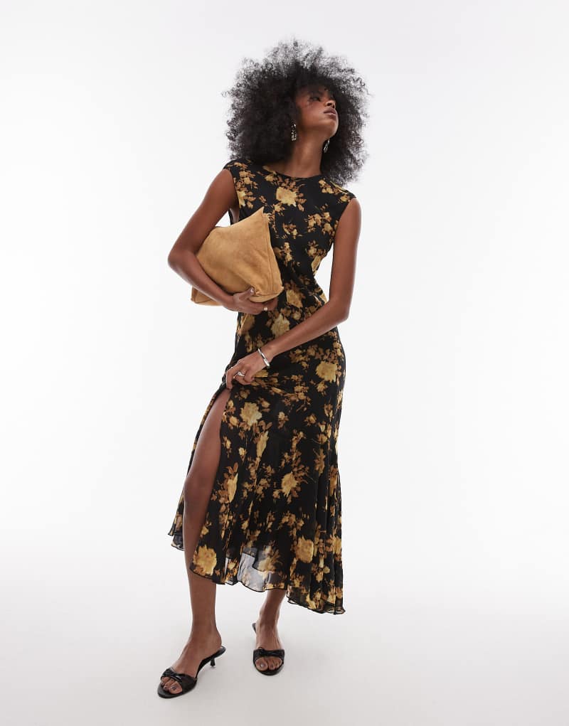 Topshop godet hem boutique occasion midi dress in brown floral Topshop