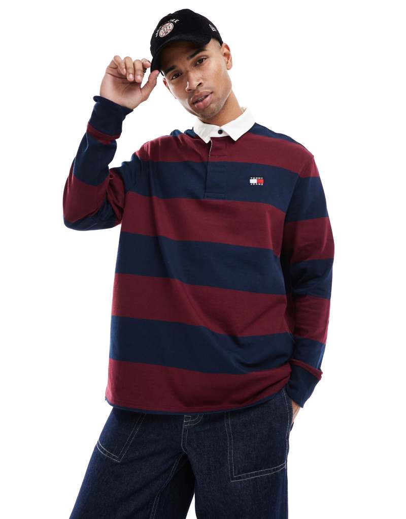 Tommy Jeans stripe rugby top in navy and burgundy Tommy Jeans