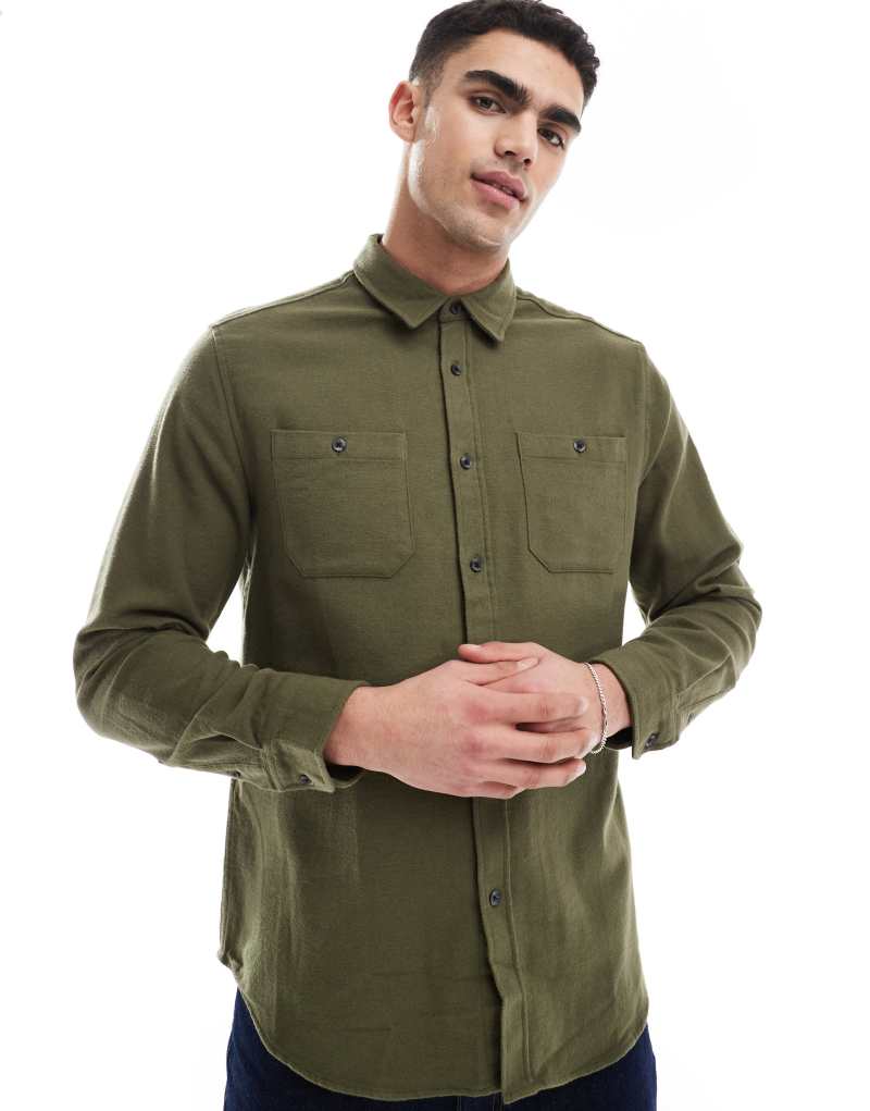 Threadbare brushed flannel overshirt in khaki Threadbare