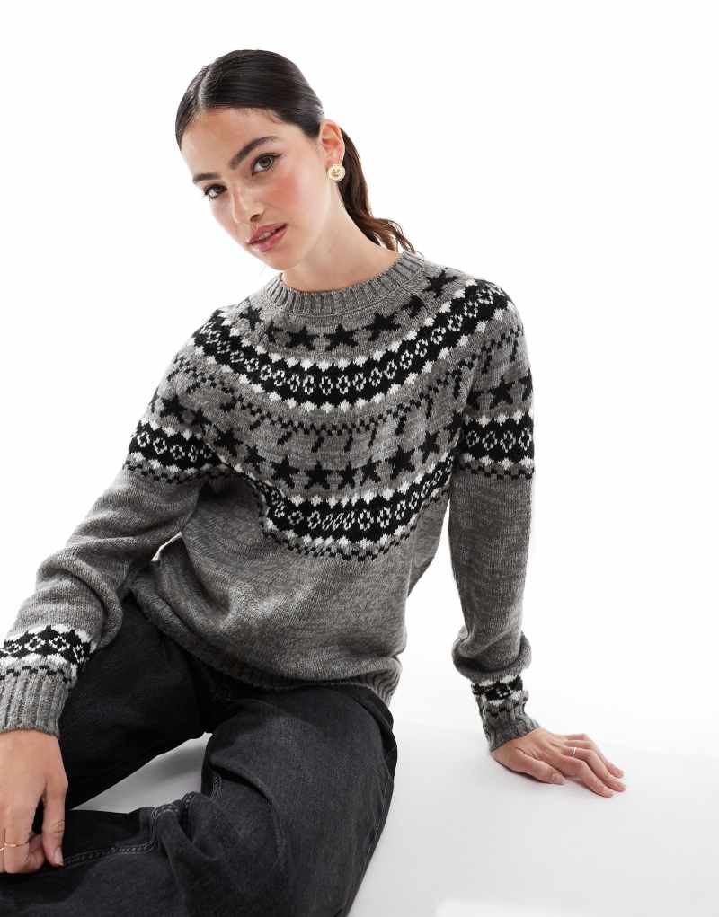 Threadbare crew neck patterned sweater in gray and black Threadbare