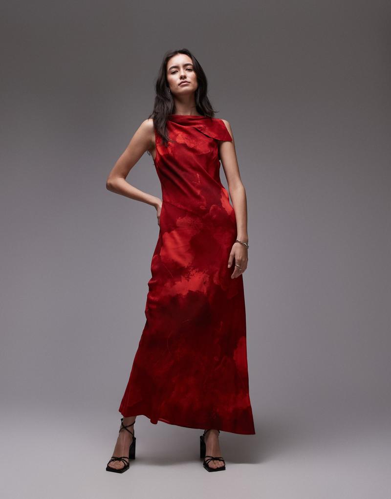 Topshop asymmetric neck bias cut midi in red mineral Topshop