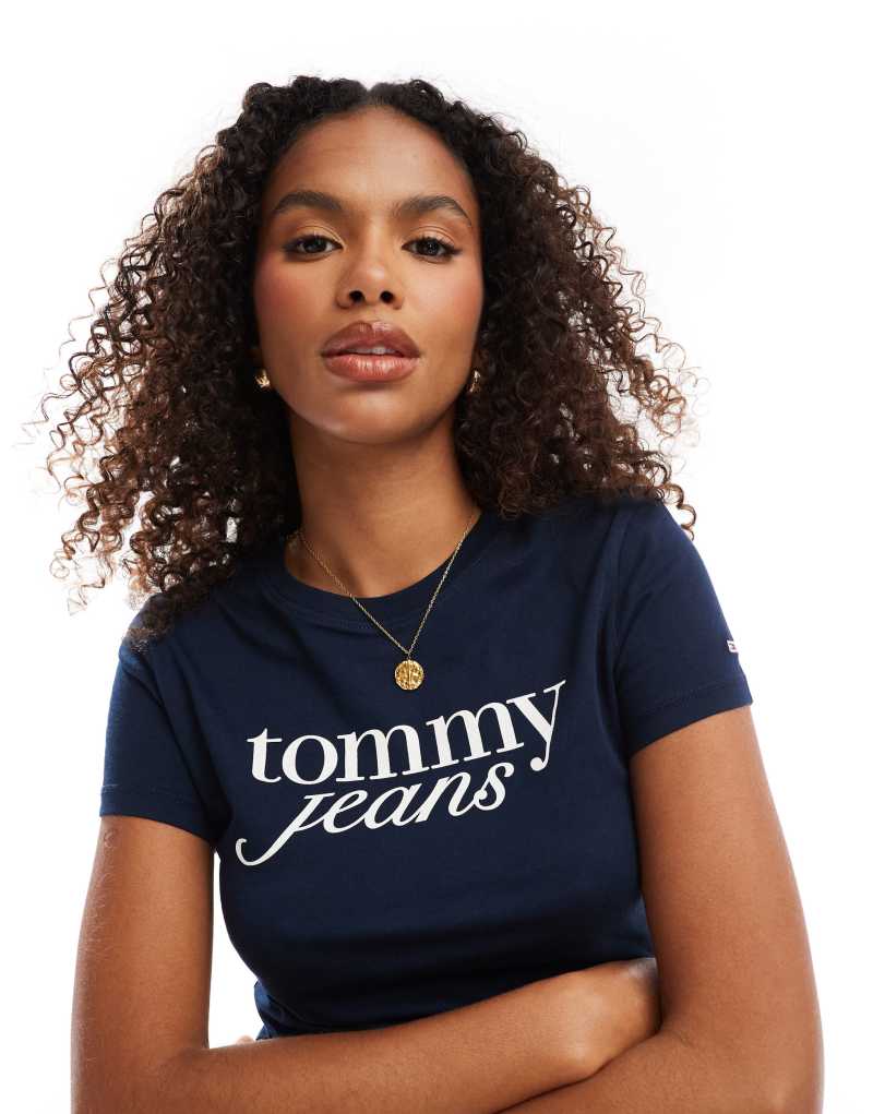 Tommy Jeans retro script baby t-shirt in navy and white Tommy Jeans