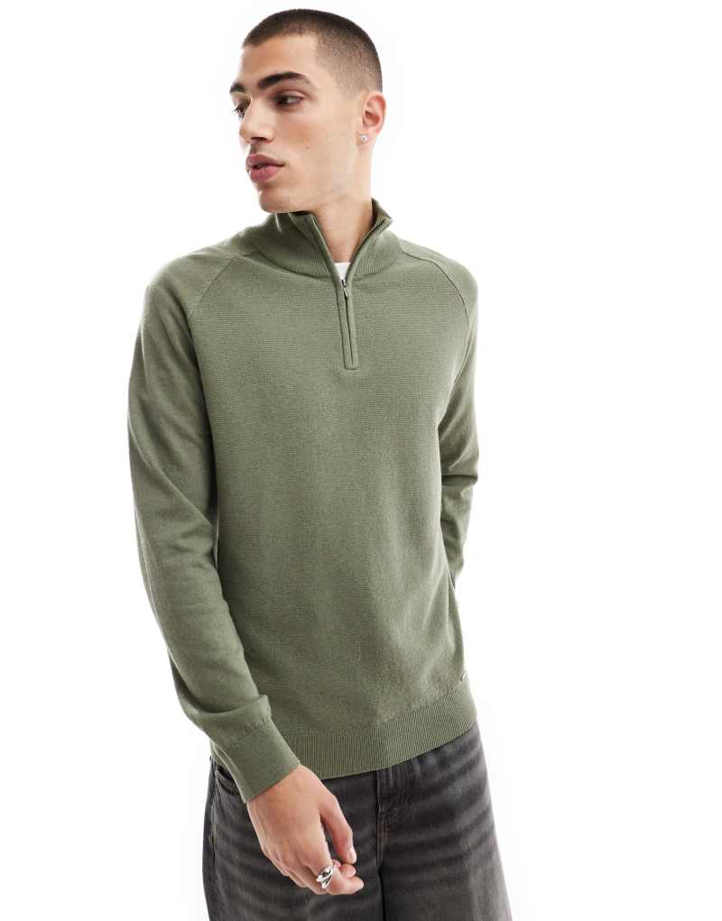 Threadbare 1/4 zip sweater in khaki Threadbare