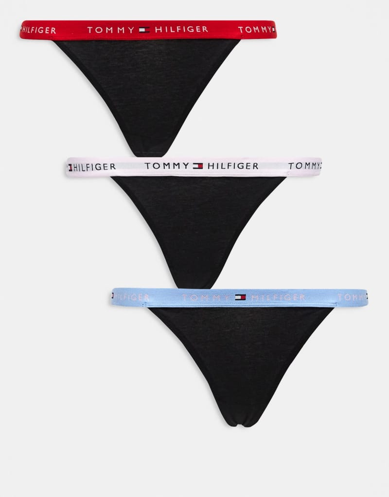 Tommy Hilfiger 3 pack thongs in black with red, pink, blue waistbands Tommy Hilfiger