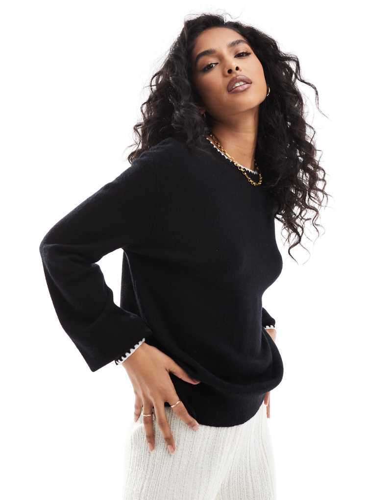 Threadbare black knitted sweater with white contrast trim Threadbare