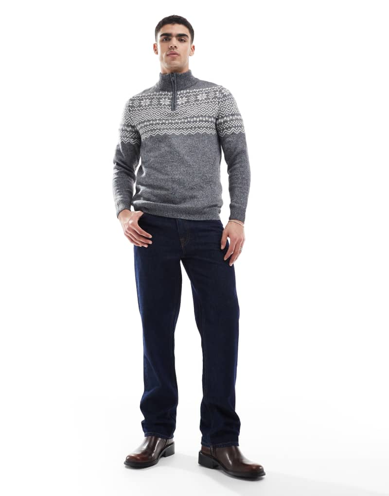 Threabare fairisle 1/4 zip sweater in gray Threadbare