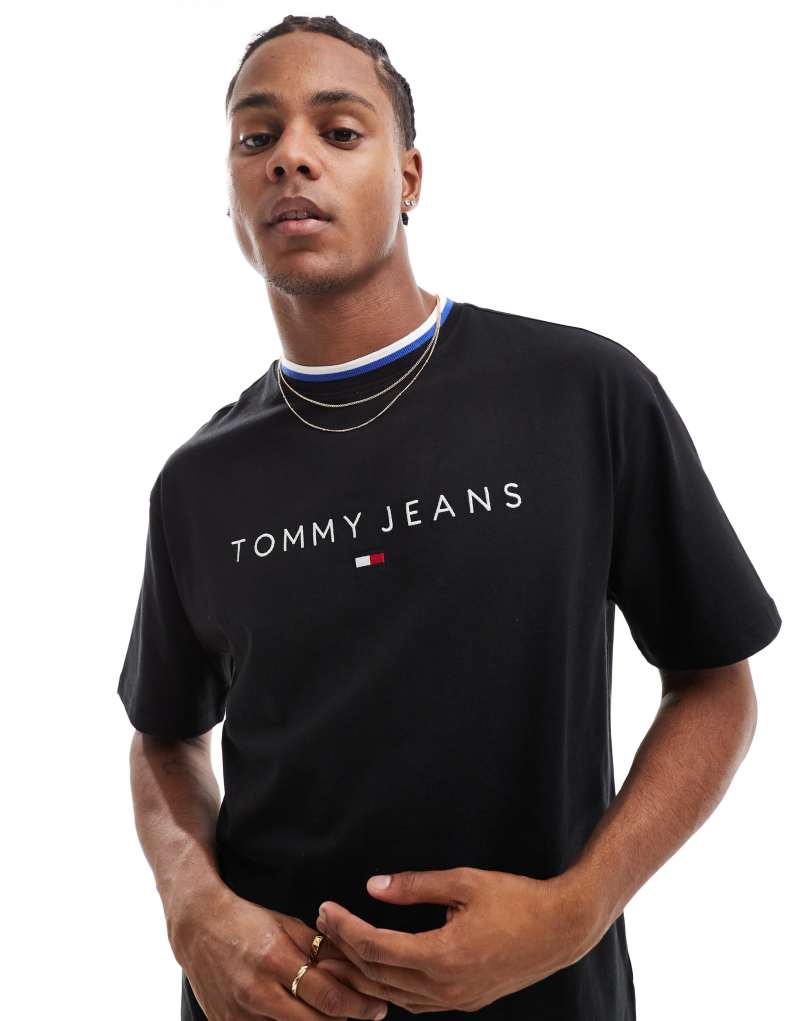 Tommy Jeans linear logo ringer T-shirt in black Tommy Jeans