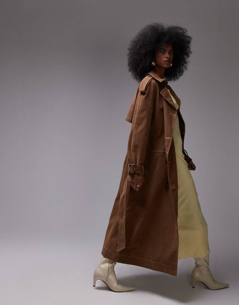 Topshop longline oversized faux suede trench coat in contrast stitch brown Topshop