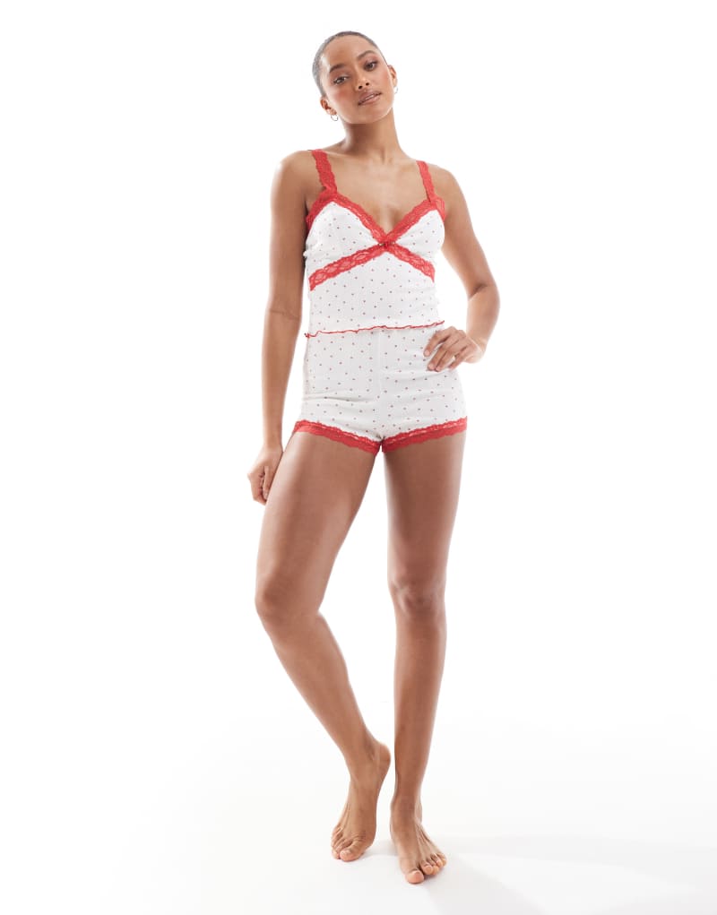 The Frolic exclusive Valentines pointelle red lace trim pajama shorts in heart print - part of a set The Frolic