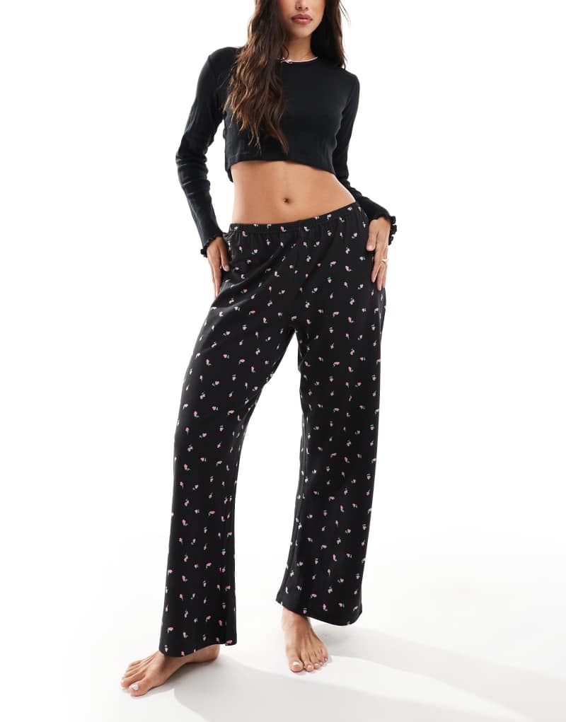 Wednesday's Girl rose print pants and pointelle top pajama set in black Wednesday's Girl