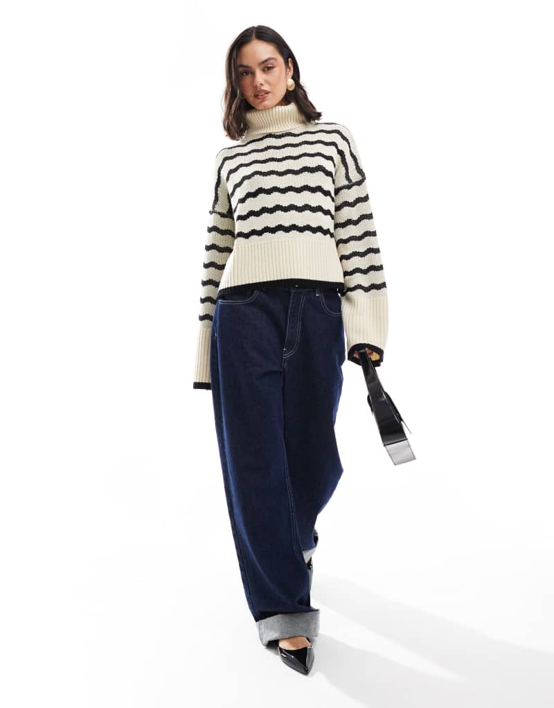 Wednesday's Girl funnel neck zig-zag stripe sweater in cream and black Wednesday's Girl