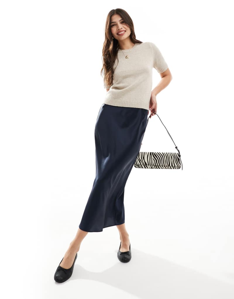 Wednesday's Girl bias cut satin midaxi skirt in navy Wednesday's Girl