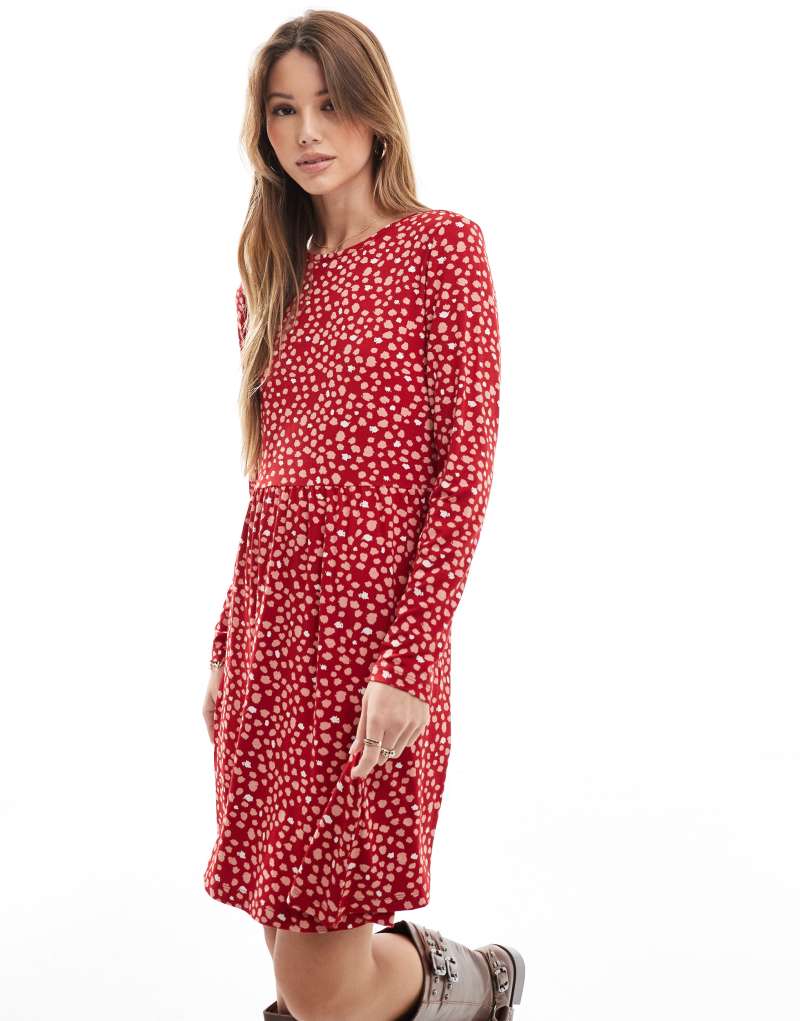 Wednesday's Girl smudge polka dot mini dress in deep red Wednesday's Girl