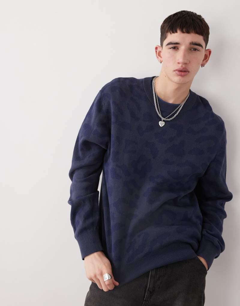 Weekday Murray sweater with tonal leopard jacquard design in dark blue Weekday