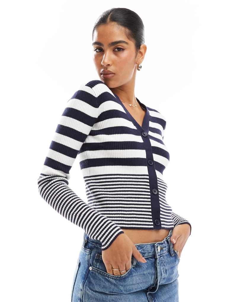 Wednesday's Girl striped ribbed knit cardigan in navy and cream Wednesday's Girl