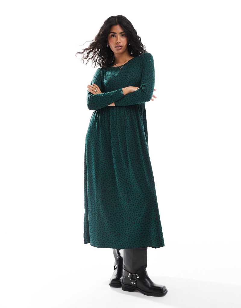 Wednesday's Girl long sleeve smudge spot midi dress in forest green Wednesday's Girl