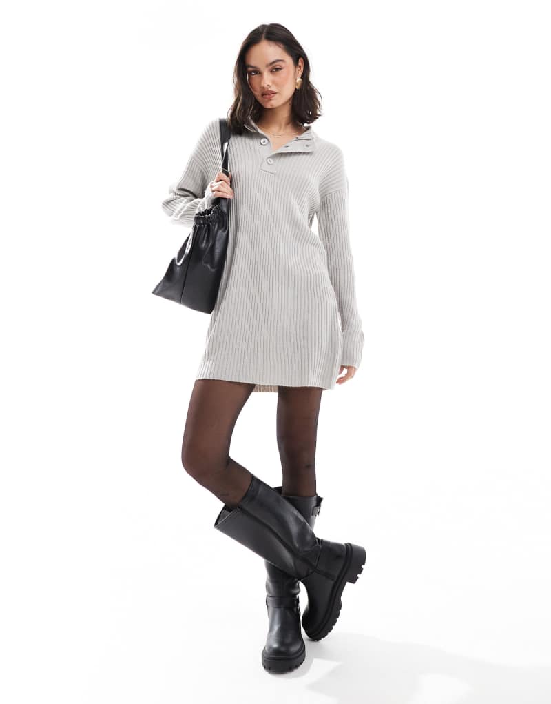 Wednesday's Girl funnel neck button detail chunky ribbed sweater dress in light gray Wednesday's Girl