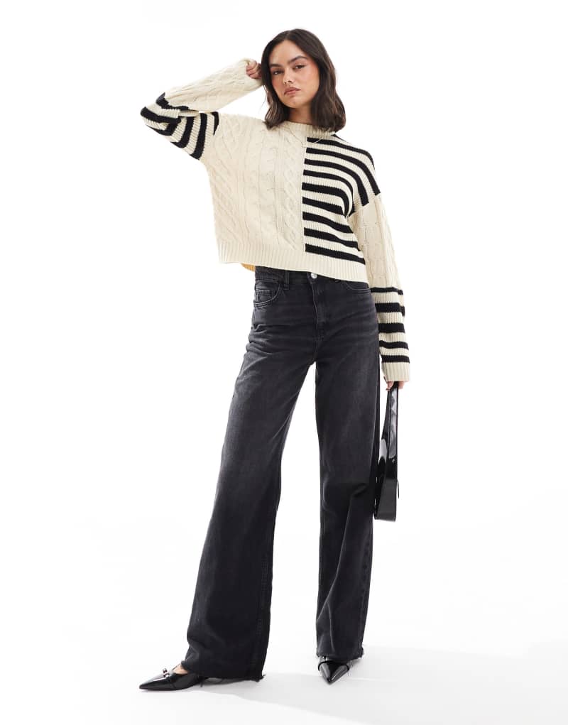 Wednesday's Girl cable knit and stripe cropped sweater in cream and black Wednesday's Girl