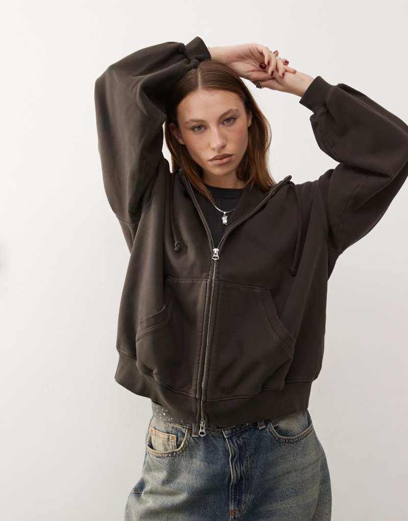 Weekday Edel heavyweight jersey zip through hoodie with funnel neck in brown Weekday