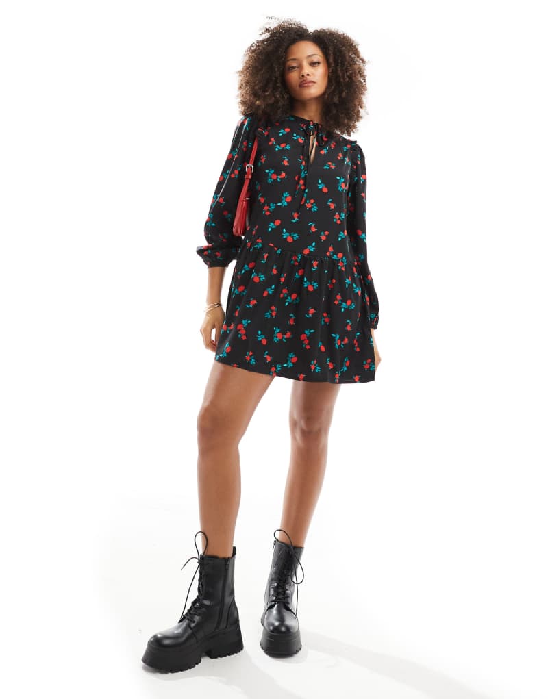 Wednesday's Girl rose print mini smock dress in black and red Wednesday's Girl