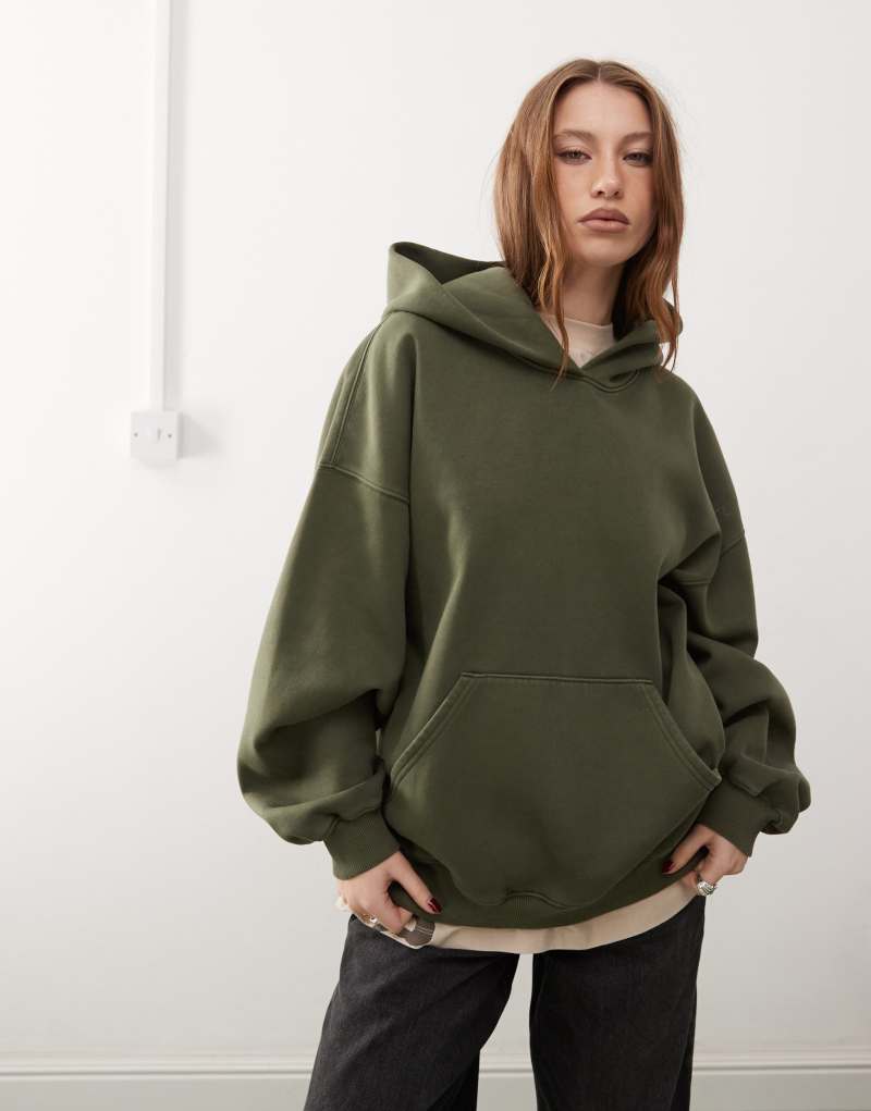 Weekday Tony oversized heavyweight jersey hoodie in olive Weekday