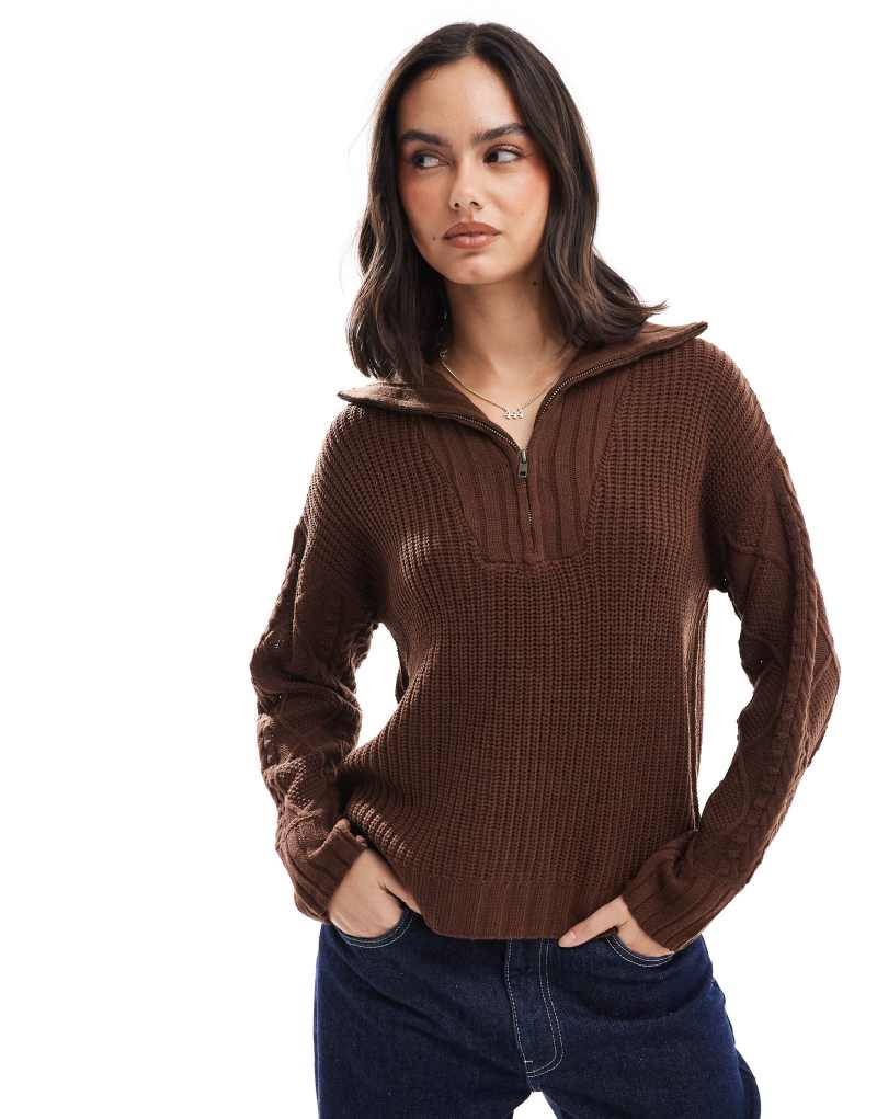 Wednesday's Girl chunky rib zip detail sweater in cocoa brown Wednesday's Girl