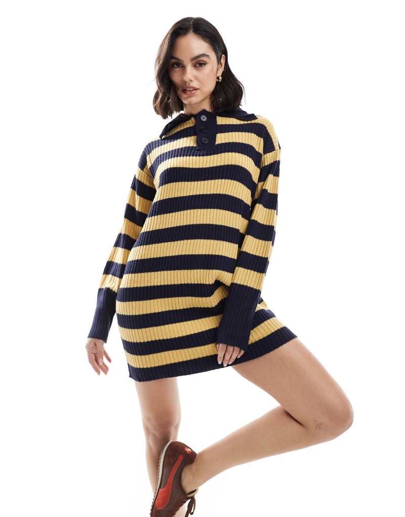 Wednesday's Girl bold stripe knit rugby dress in camel and navy Wednesday's Girl