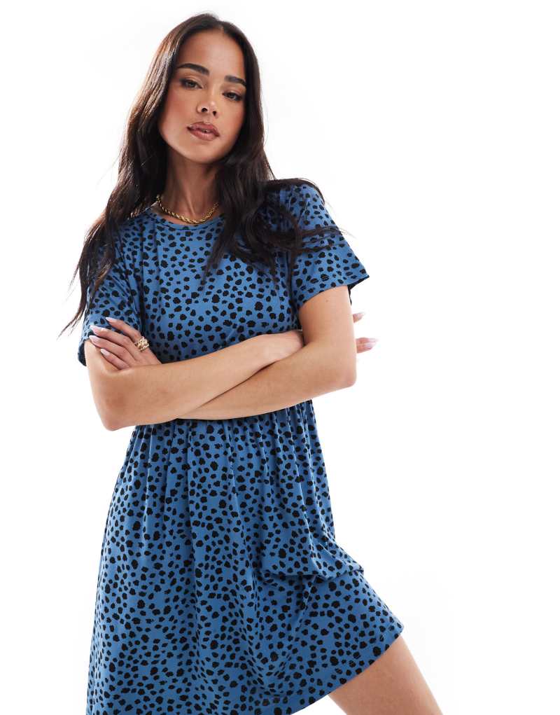 Wednesday's Girl short sleeve smudge polka dot mini dress in blue Wednesday's Girl