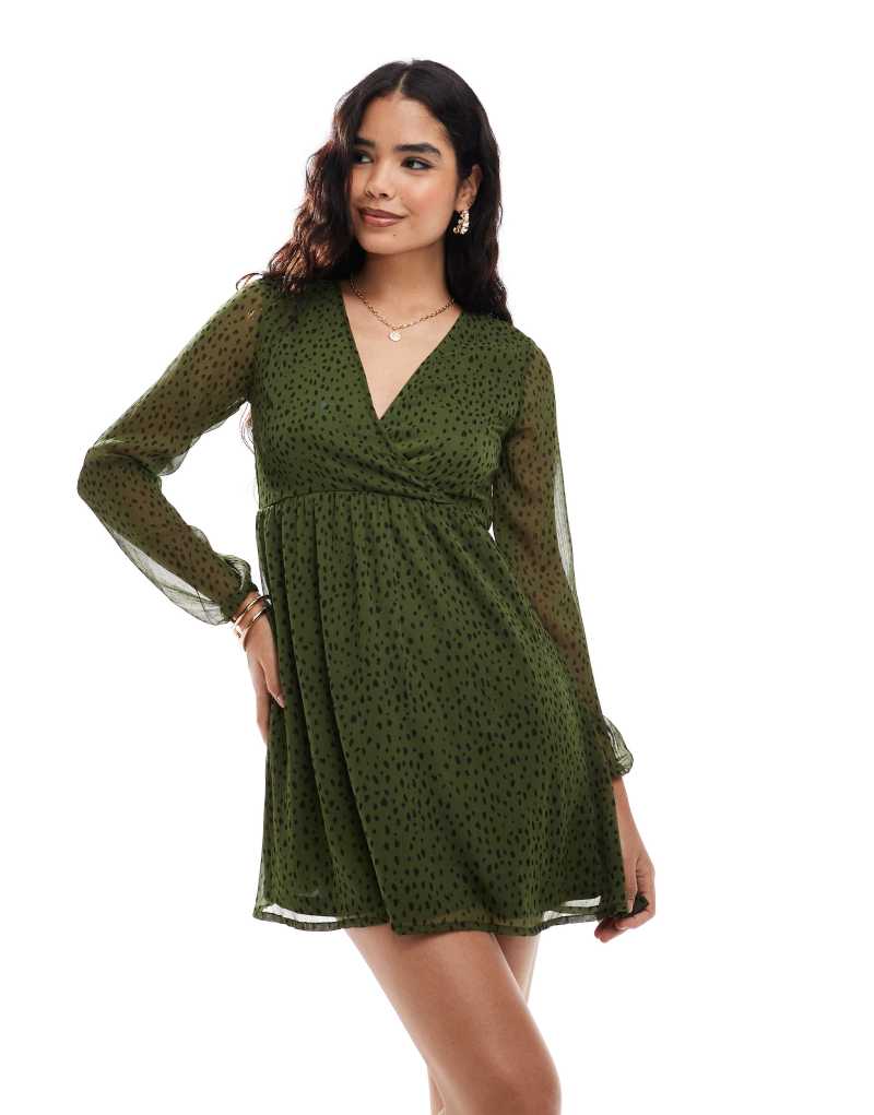 Wednesday's Girl mini smock dress with wrap front in forest green mini smudge polka dot Wednesday's Girl