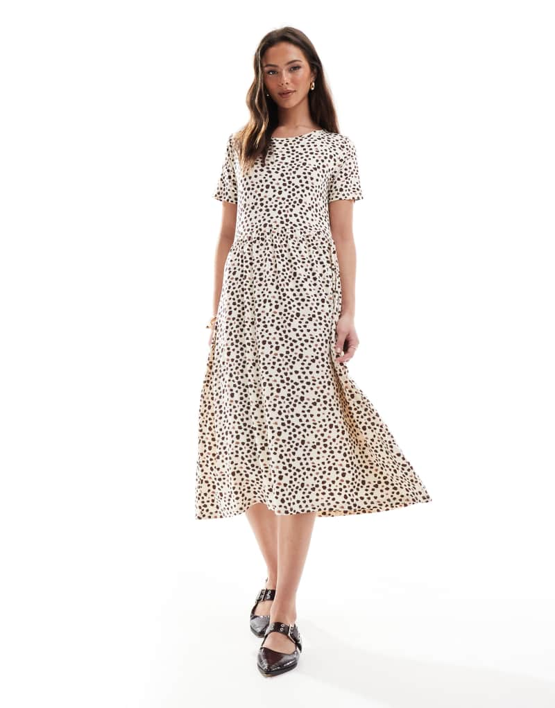 Wednesday's Girl short sleeve smudge polka dot midi dress in cream and black Wednesday's Girl