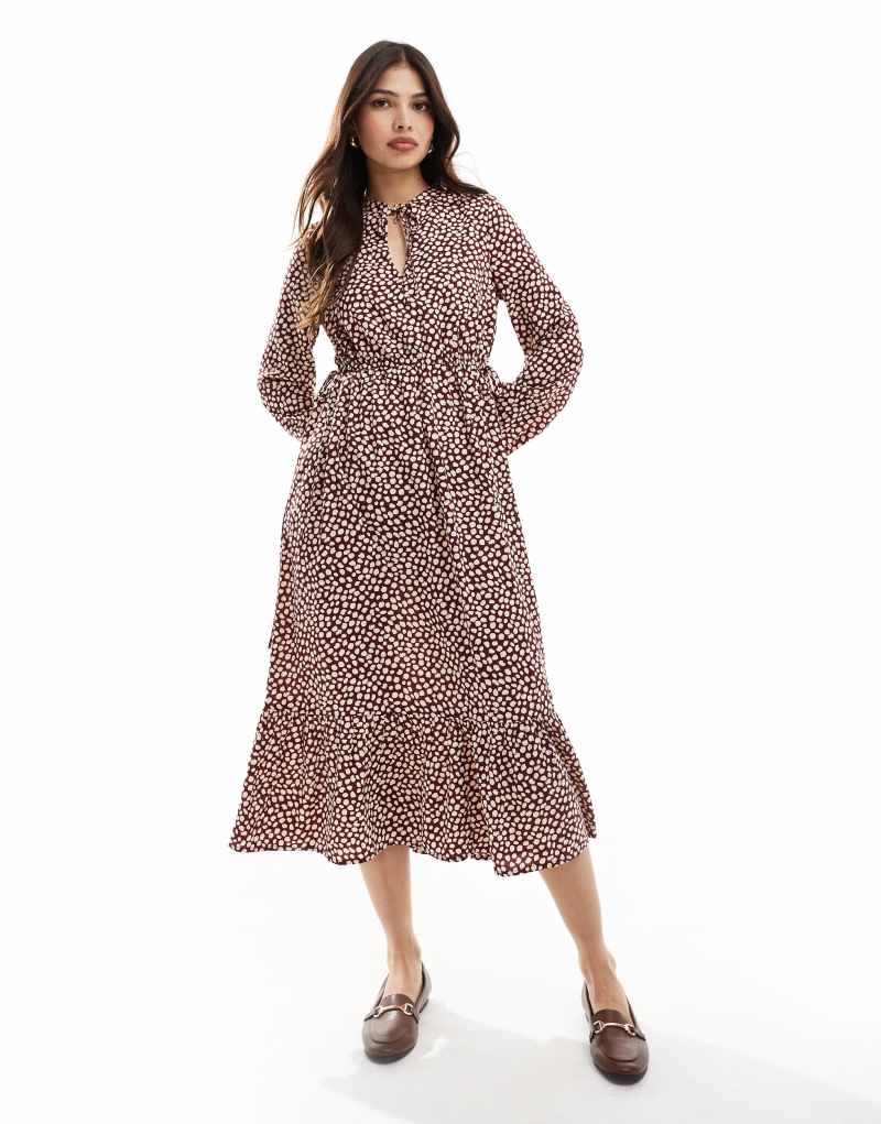 Wednesday's Girl spot print smock midaxi dress in burgundy Wednesday's Girl