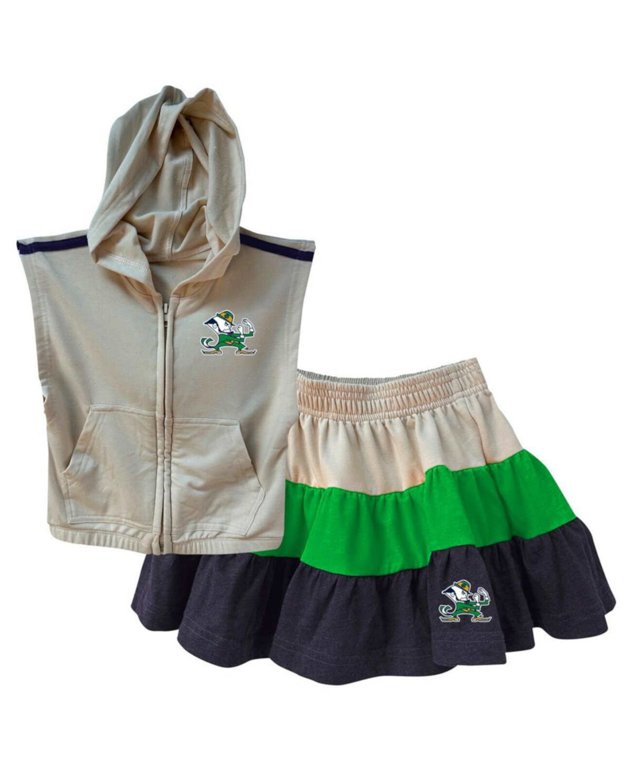 Girls Toddler Tan/Navy Notre Dame Fighting Irish Tri-Blend Sleeveless Full-Zip Hoodie Tiered Skirt Set Wes & Willy