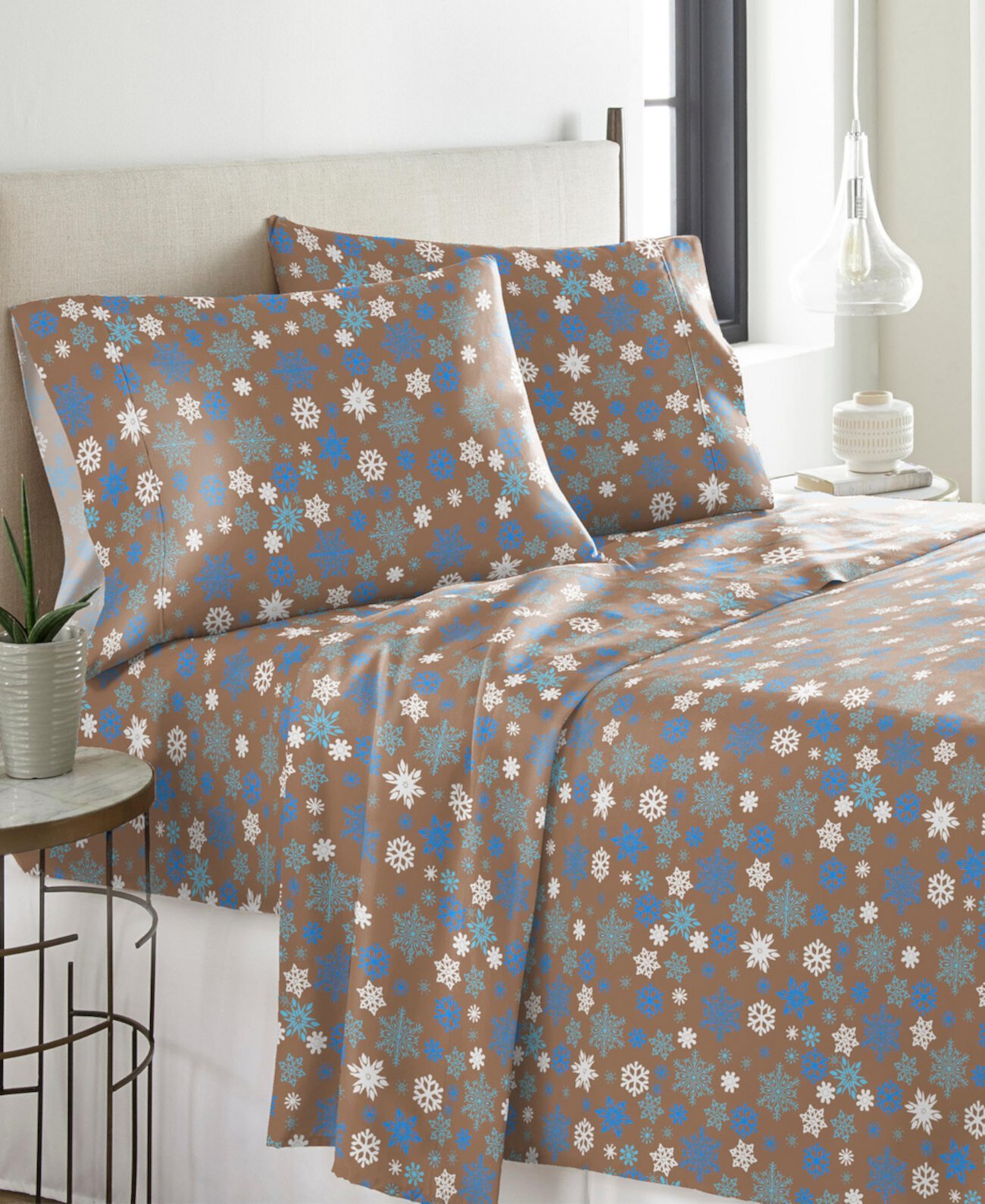 Cocoa Snowflakes Heavy Weight Cotton Flannel Sheet Set, Full Pointehaven