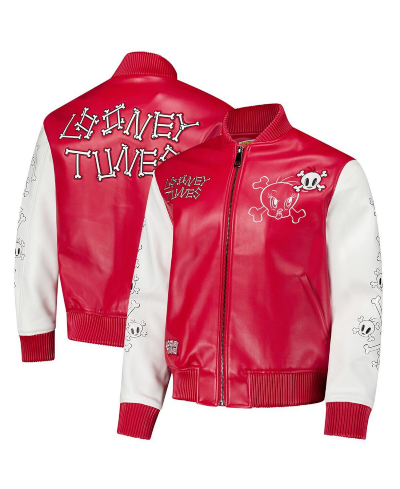 Men's Red/White Looney Tunes Tweety Bones Full-Zip Varsity Jacket Freeze Max