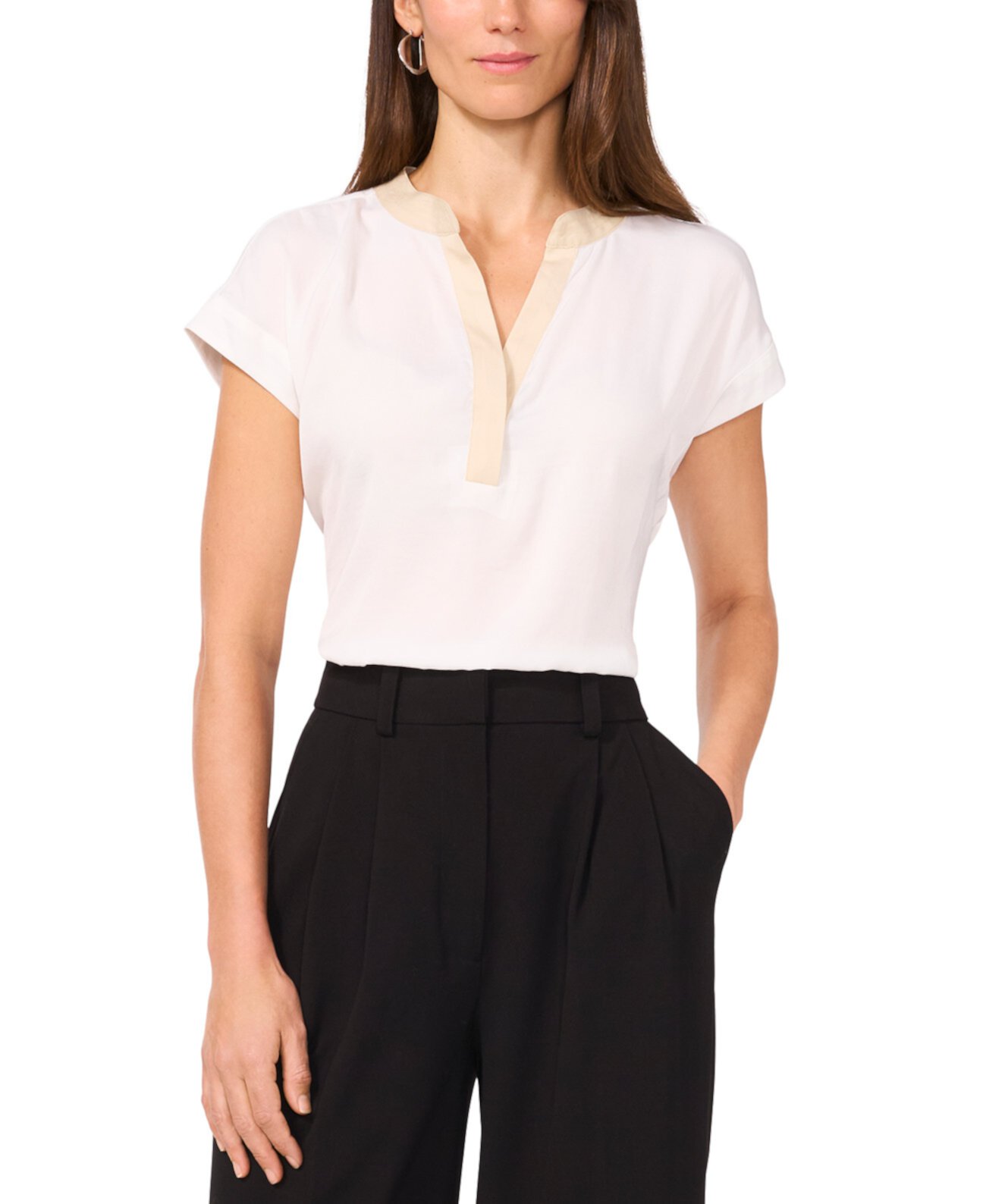 Women's Split-Neck Contrast-Trim Cap-Sleeve Top Vince Camuto