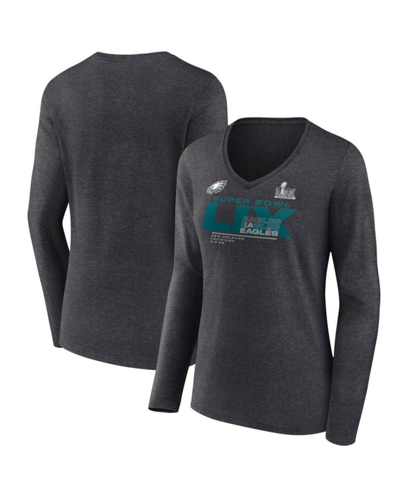 Women's Heather Charcoal Philadelphia Eagles Super Bowl LIX Quick Pass Long Sleeve V-Neck T-Shirt Fanatics