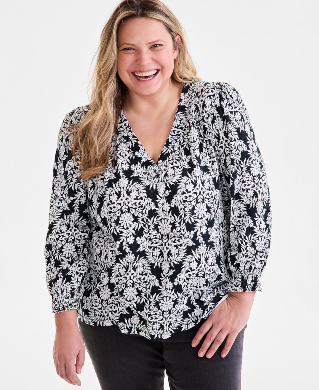 Plus Size Printed V-Neck Top, Exclusively at Macy's Style & Co