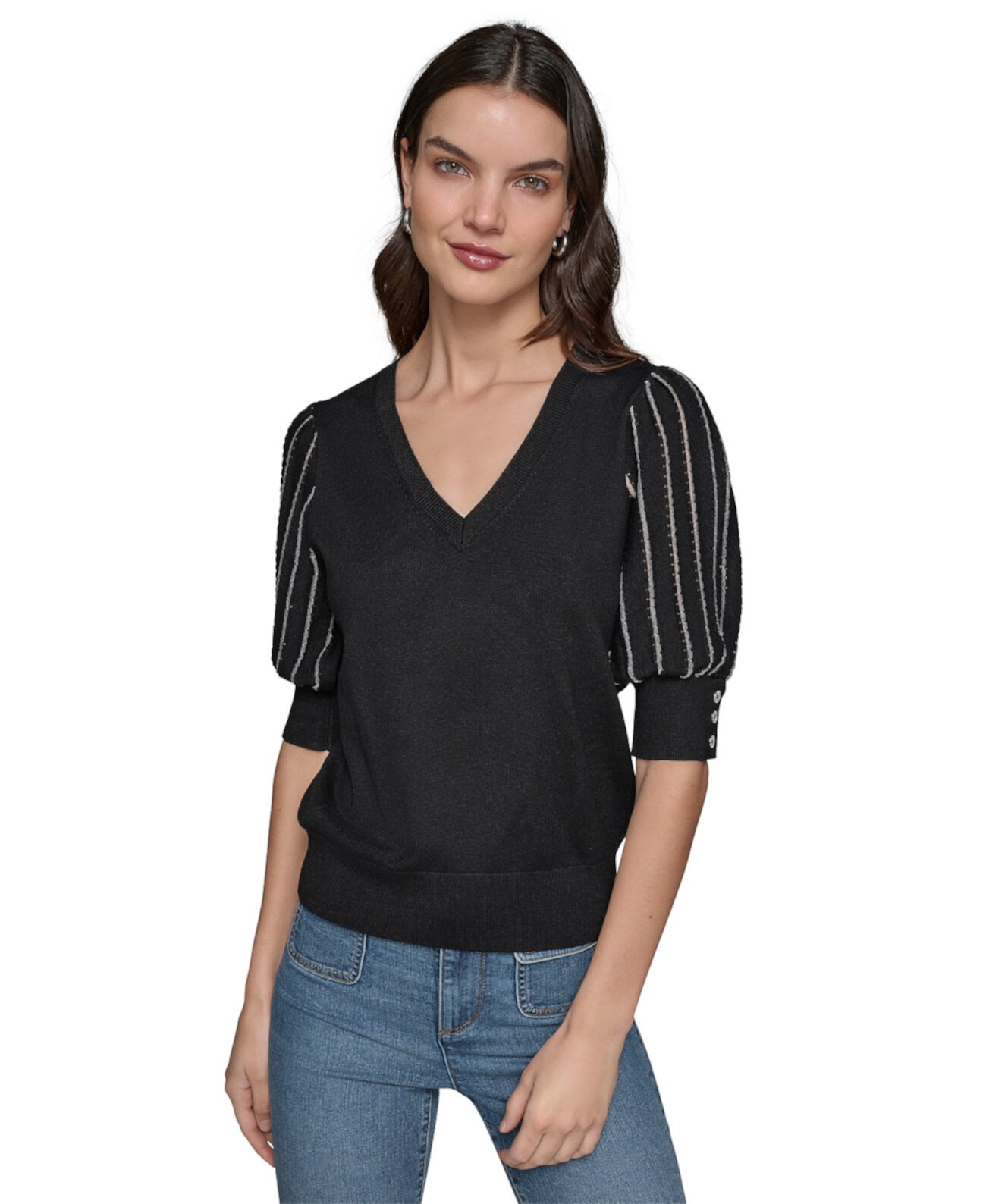 Women's Puffed-Sleeve V-Neck Sweater Karl Lagerfeld Paris