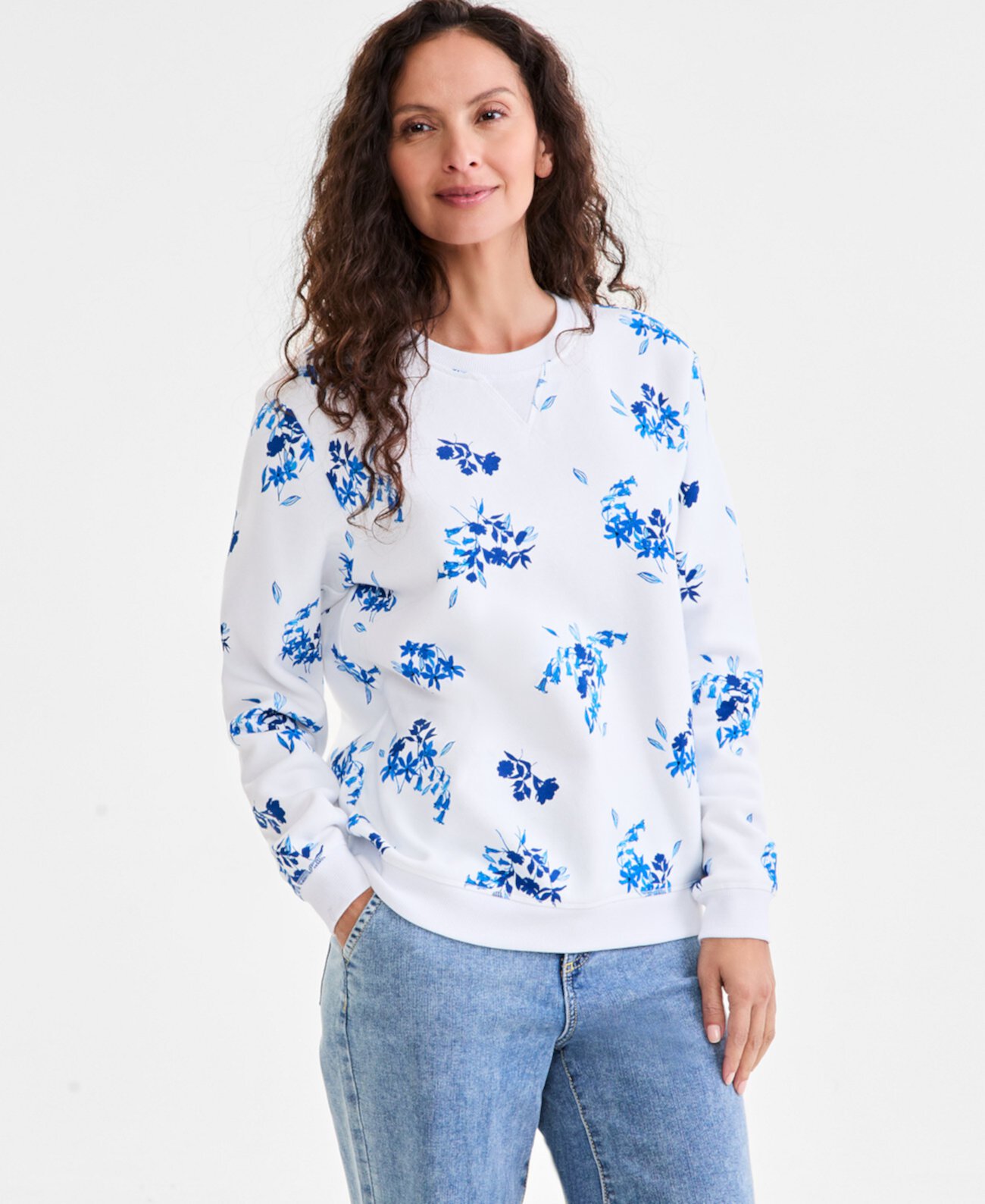 Women's Printed Crewneck Fleece Pullover, Exclusively at Macy's Style & Co