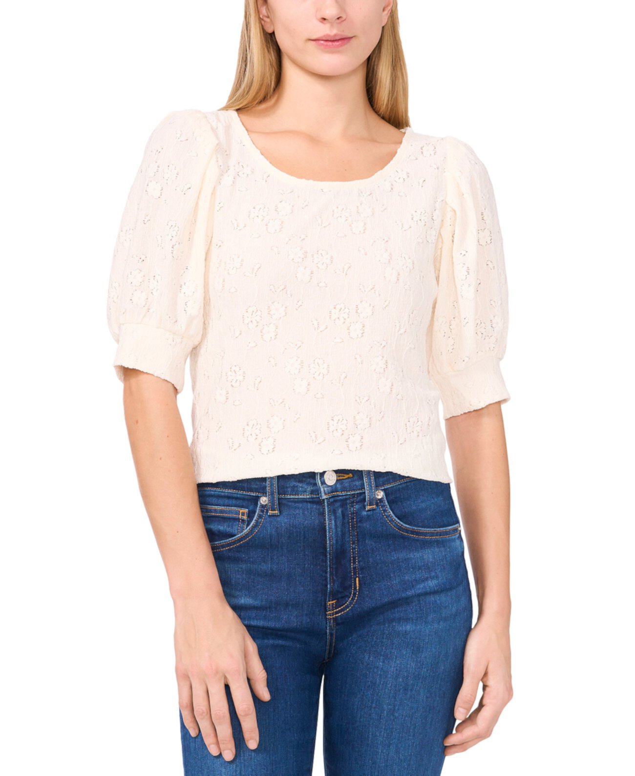 Women's Round-Neck Shirred Short-Sleeve Top CeCe