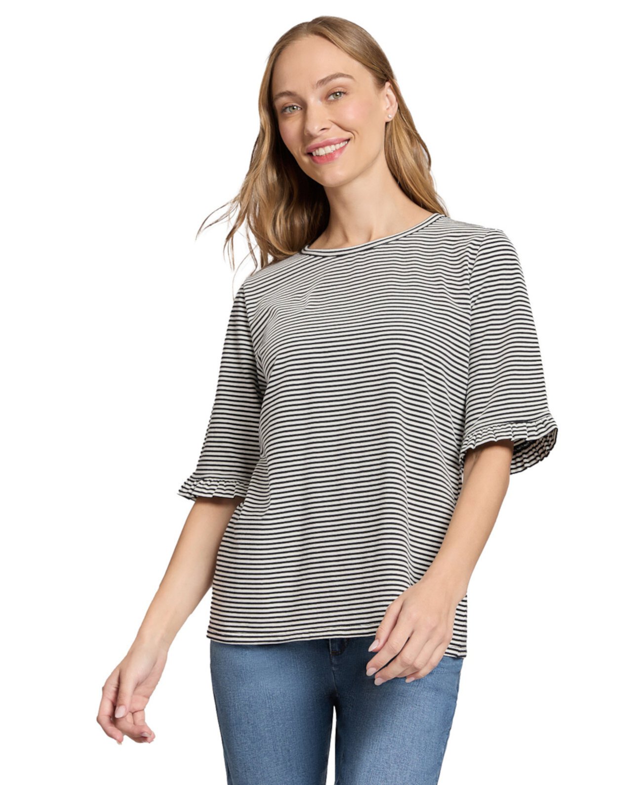 Women's Elbow Ruffle Sleeve Crew Neck Top Jones New York